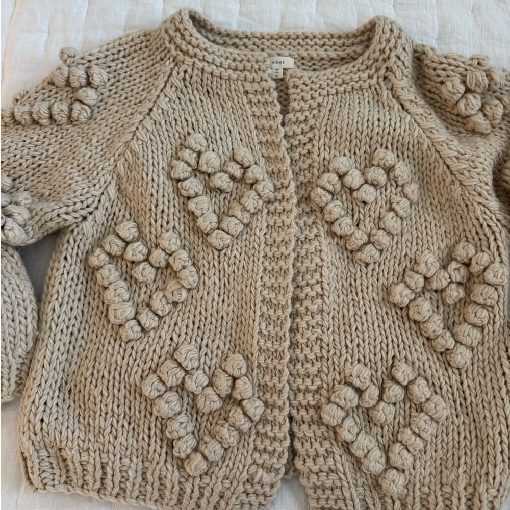 Chunky Knit Cardigan with Heart Pom poms
